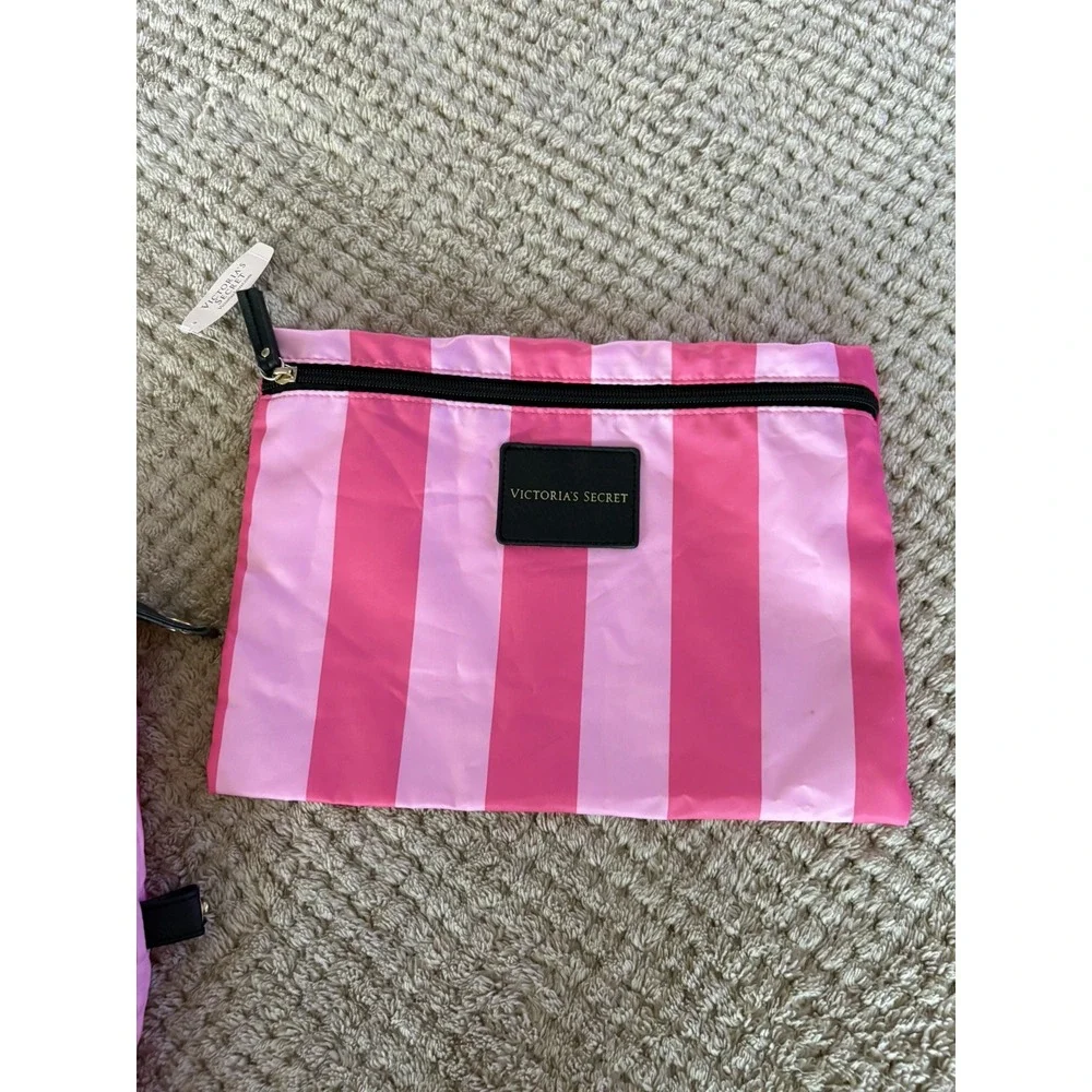 Victoria's Secret Black Pink Stripe Weekender, Make Up Bag And Umbrella Set Bags